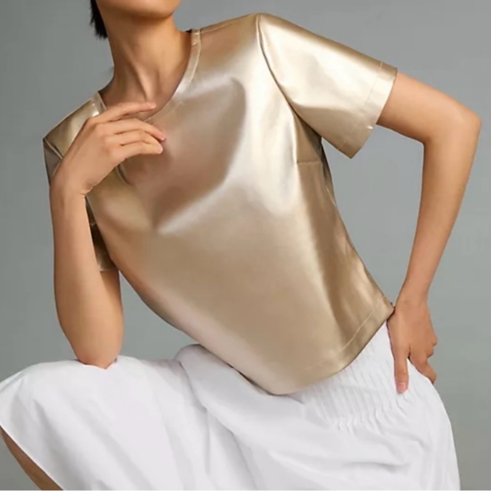 Anthropologie Porridge Metallic Collin Faux-Leather Short Sleeve Top Gold Size L